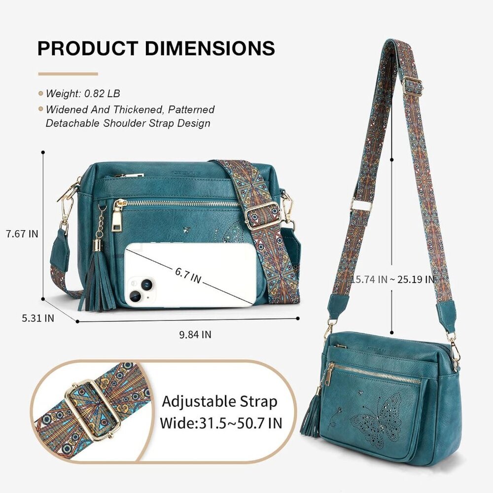 Women’s 07-peacock Blue Leather Purse Crossbody Bag Handbags Butterfly Design - Picture 4 of 6